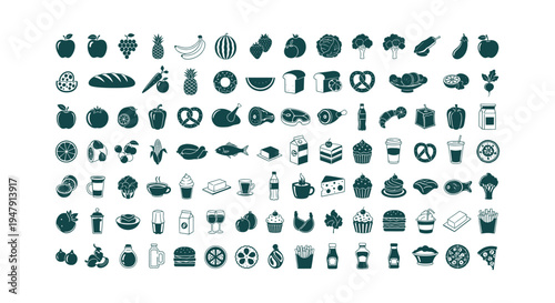 Comprehensive Collection of Food and Drink Icons Featuring Fruits Vegetables Bakery Meat and Dairy
