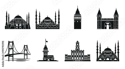 Istanbul Landmarks Vector Icon Set – Turkey Cityscape Vectors Featuring Hagia Sophia, Blue Mosque, Galata Tower, Topkapi Palace, Bosphorus Bridge, Maiden’s Tower, Dolmabahçe Palace, and Grand Mosque