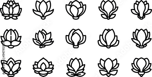 Black line of various lotus flowers line black and white minimalist symbol