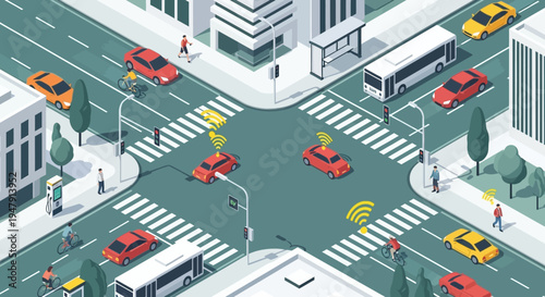 Isometric Smart City Intersection with Autonomous Vehicles, Connected Pedestrians, and Electric Vehicle Charging Stations Representing Future Urban Mobility and IoT Technology