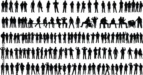 Human silhouette clipart, seated figures, bicycle rider icons, people with stroller wheelchair, black posture graphics, social activity vector set