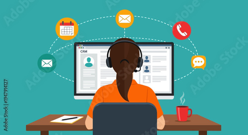 Customer Relationship Management (CRM) Concept Illustration of a Woman Support Agent Working with Headset and Digital Communication Icons on Screen