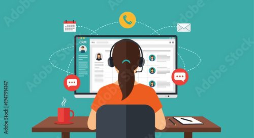 Customer Relationship Management CRM Concept with Woman Support Agent at Computer, Professional Business Communication and Client Data Management Illustration