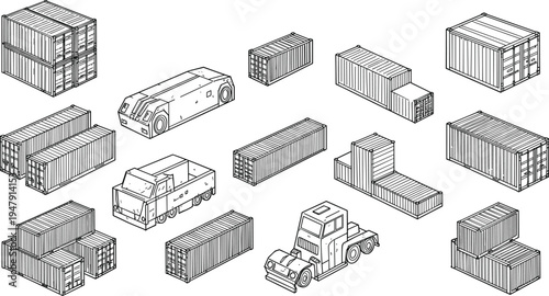 Isometric shipping containers and transport trucks, logistics illustration set, cargo infrastructure, global trade icons, supply chain vector graphics