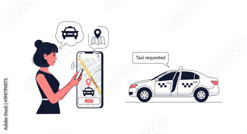 Woman Using Taxi Ride App.