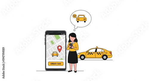 Woman Using Taxi Ride App.