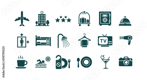 Set of eighteen travel and hotel service icons featuring amenities, transport, and leisure symbols.