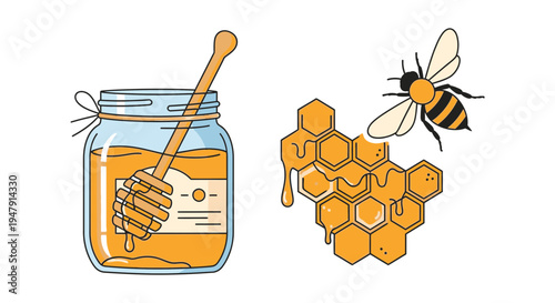 Bee Honey Jar and Honeycomb Illustration 1.