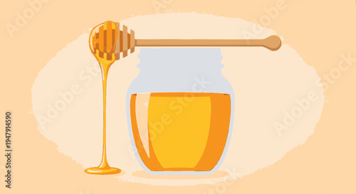 Honey in a glass jar with dipper.