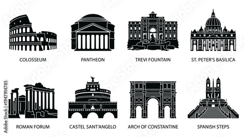 Rome Landmarks Vector Icon Set – Italy Cityscape Vectors Featuring Colosseum, Pantheon, Trevi Fountain, St. Peter’s Basilica, Roman Forum, Castel Sant’Angelo, Arch of Constantine, and Spanish Steps