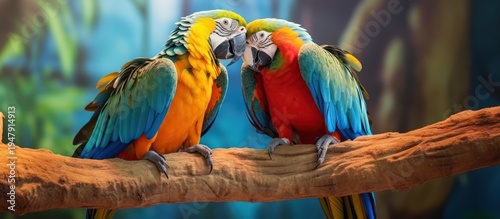 A pair of vibrant macaws share a tender moment of connection amidst the beauty of a tropical paradise.