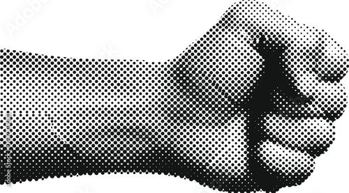 Abstract halftone dot illustration of a human fist, showcasing varying dot densities for depth and shading