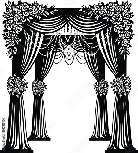 Black and white of a wedding arch with roses and pearls curtains