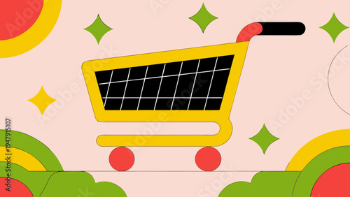 A bright yellow shopping cart with vibrant red wheels and handle stands prominently against a cheerful pink background adorned with sparkling stars and abstract shapes.