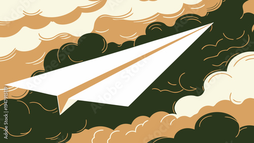 A simple white paper airplane with a subtle brown stripe soars gracefully through a sky filled with artistic brown and dark green stylized clouds.