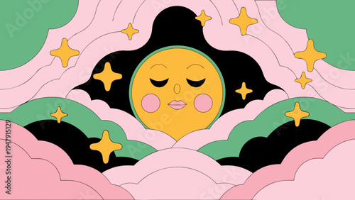 A serene sleeping moon with closed eyes and pink lips drifts peacefully amidst fluffy pink and green stylized clouds and sparkling stars in a dark sky.
