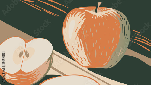 Whole apple, along with a halved apple and slices, rests on a textured surface with linear details, presented in a warm, rustic illustration against a dark green background.