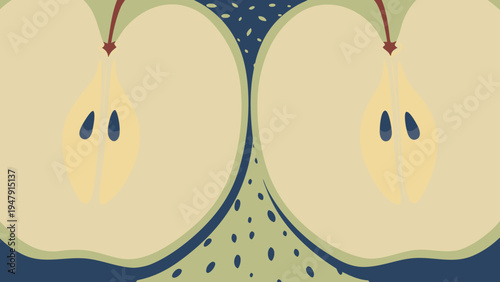 Apple halves are symmetrically displayed in a vibrant illustration, revealing their inner cores and seeds against a speckled dark blue and green background, emphasizing natural beauty.