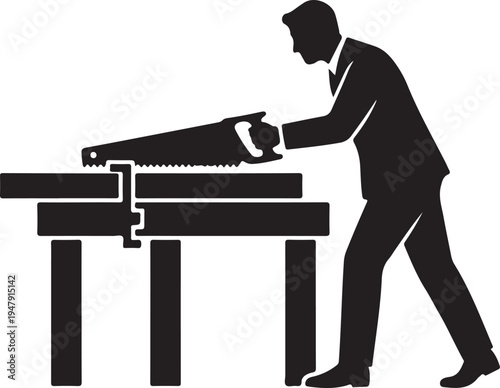 A man in a suit using a large handsaw to cut wood