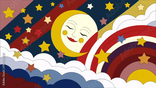 Sleeping crescent moon illustration features a smiling face surrounded by numerous colorful stars, fluffy clouds, and bright rainbows against a dark, dreamy night sky.