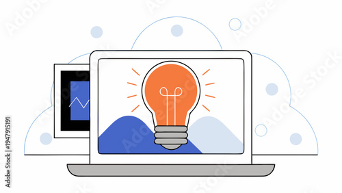 Laptop illustration presents a glowing orange lightbulb on its screen, representing a new idea or innovation, positioned alongside a secondary monitor displaying data analytics.