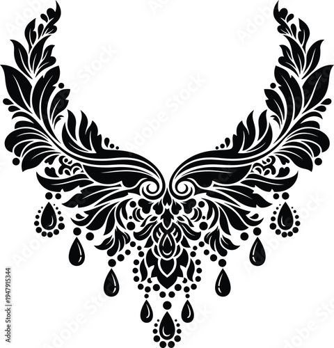 Black floral jewelry with teardrop shapes and beads on white background