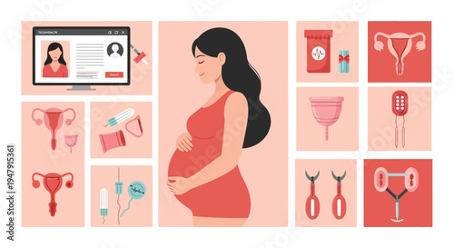Women's Reproductive Health and Pregnancy Illustration Set with Menstrual Care and Medical Icons