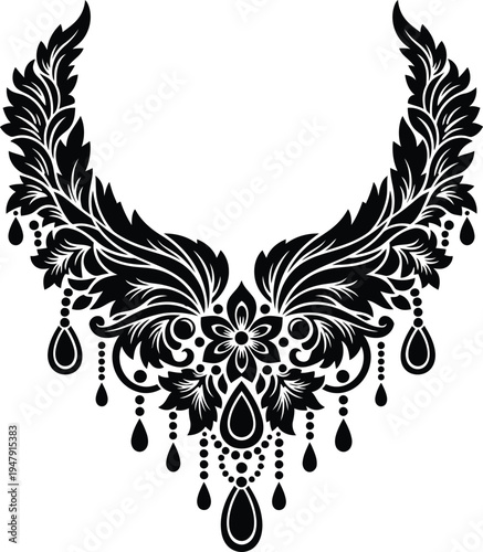 Black floral feather necklace with teardrop beads