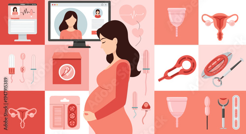 Women's Reproductive Health and Pregnancy Concept Illustration with Telemedicine, Feminine Hygiene Products, and Gynecological Care Icons