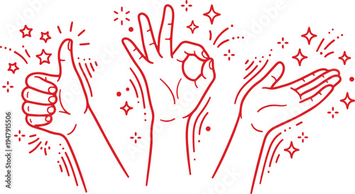 Colorful hand gestures with sparkling stars and dynamic lines