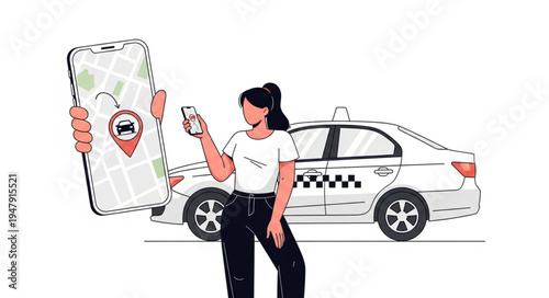 Woman with smartphone and taxi.