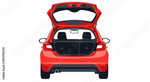 Vector Illustration of a Red Hatchback Car with an Open Trunk, Rear View of Empty Cargo Space for Travel, Logistics, and Transportation Concepts, Isolated on White