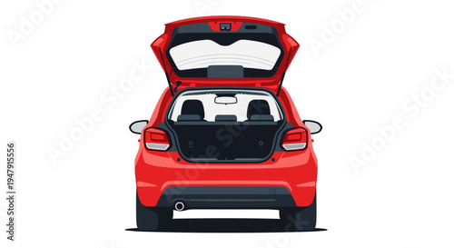 Red Hatchback Car with Open Trunk Rear View Vector Illustration