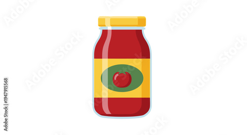 Flat Vector Illustration of a Glass Jar of Tomato Sauce or Ketchup with Label Isolated on White Background