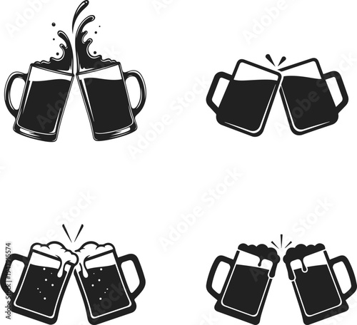 Four stylized black vector icons of beer mugs clinking together in celebration showing foam and liquid splashes