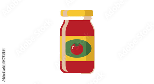 Tomato Sauce Jar Illustration, Flat Vector Icon of Red Tomato Paste or Ketchup in Glass Jar with Yellow Lid, Isolated on White Background