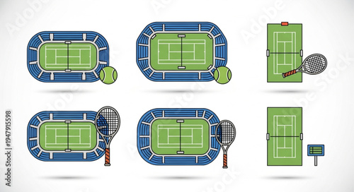 Tennis Court Illustrations - Top-Down Views and Equipment Depictions.