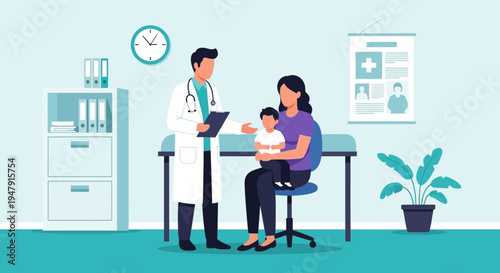 Pediatrician Doctor Consulting with Mother and Child in Medical Office Flat Vector Illustration