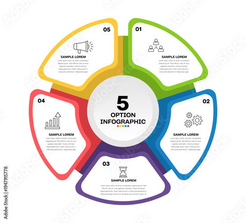 Circle chart infographic template with 5 options for presentations, advertising, layouts, annual reports. vector editable 