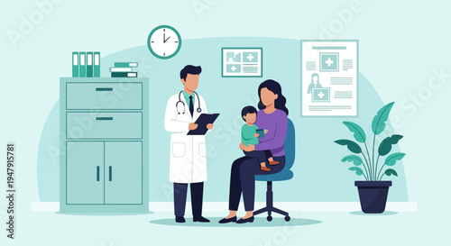 Vector Illustration of a Pediatrician Consulting with a Mother and Young Child in a Modern Medical Clinic, Healthcare and Family Wellness Concept