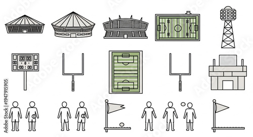 American Football Elements - Stadiums, Fields, Goals, Players, and Flags.
