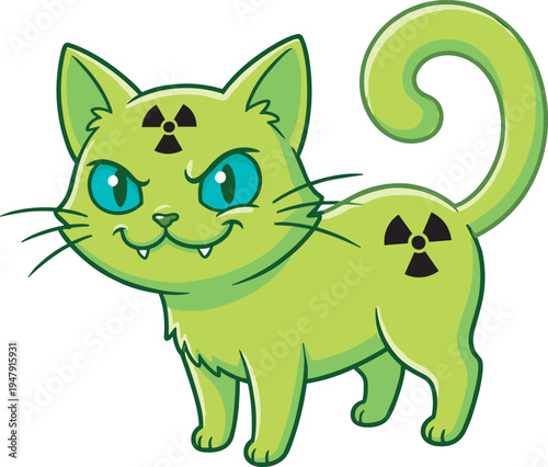 Cute radioactive green cat cartoon character with radiation symbol, funny mutant animal mascot vector illustration