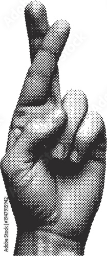 Halftone vector image of crossed fingers hand gesture, representing good luck and superstition on transparent background