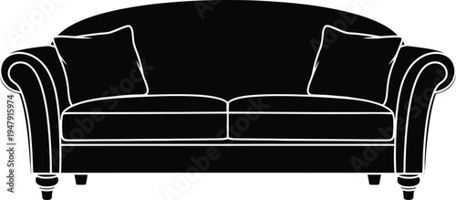 Black silhouette of a two seater sofa with white outline couch furniture