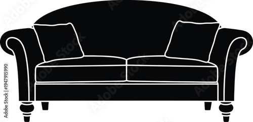 Black silhouette of a two-seater sofa with white outline couch furniture 1