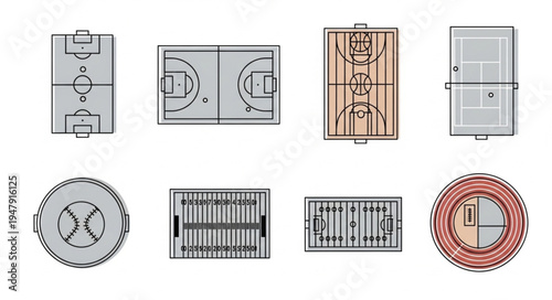 Diverse Sports Field Layouts - Top-Down Views for Various Activities.