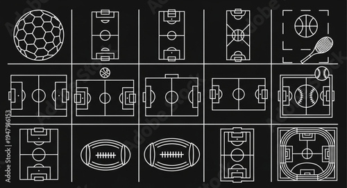 Variety of Sports Fields and Equipment in White Outline.