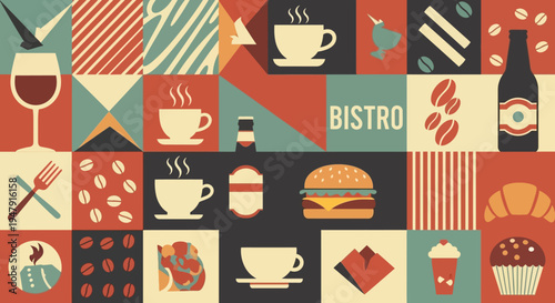 Retro Bistro and Cafe Menu Background Illustration with Mid-Century Modern Food and Drink Icons