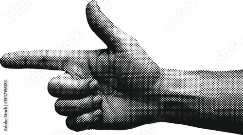 Hand pointing left with thumb up gesture in halftone dot art style isolated on checkered background