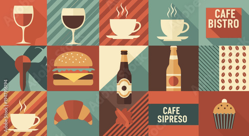 Retro Cafe and Bistro Food Icons Collection, Flat Vector Illustration of Food and Beverage Items in Vintage Grid Pattern
